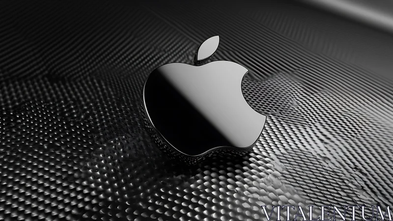 Glossy metallic Apple logo on textured black surface.