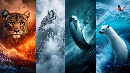 Four Wild Animals Rendered in Contrasting Environmental Elements