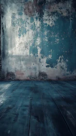 Weathered teal plaster wall and distressed wood plank floor