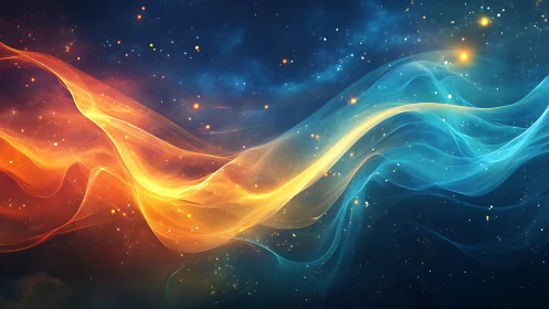 Cosmic energy ribbons merge in luminous nebula field.