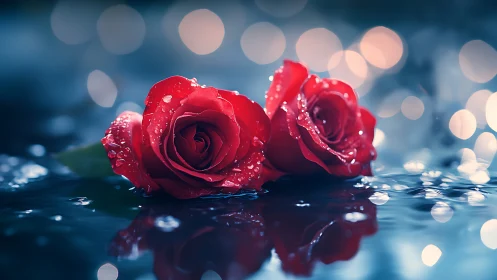 Crimson Roses Suspended in Bokeh. Water droplets glisten against blue-toned backdrop.