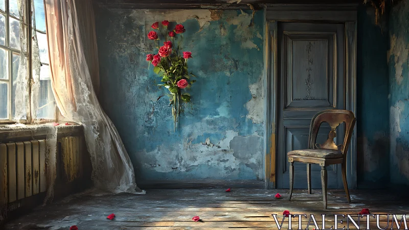 Dilapidated blue room with roses and a single worn chair.