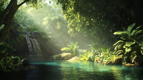 Luminous jungle pool with cascading waterfall, digital painting.
