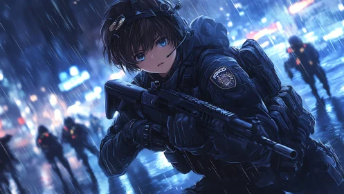 Tactical anime operator in neon‑lit urban downpour at night.