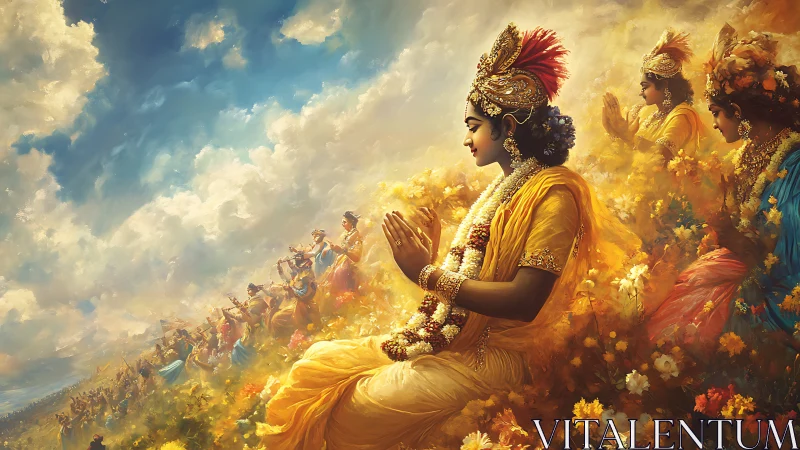 Divine figures in golden robes praying in radiant clouds.