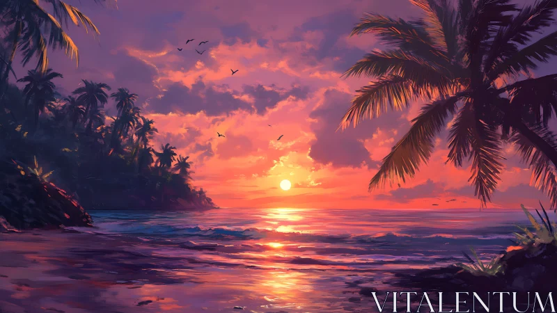 Tropical palm coastline under vivid sunset light over sea.
