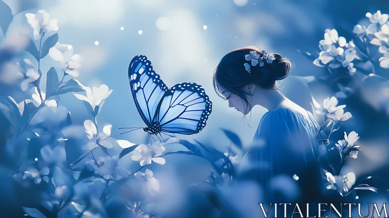 Blue butterfly and girl share luminous moment in bokeh garden