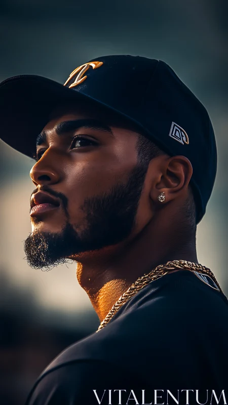 Sunlit portrait of confident man in cap exuding quiet strength