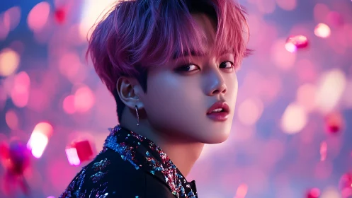 Pink haired person poses in closeup against vivid bokeh lights