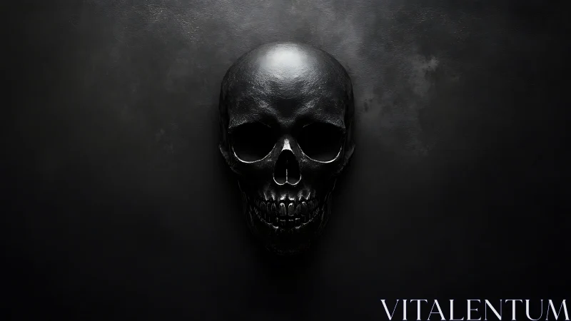 Polished black human skull rests on dark textured surface
