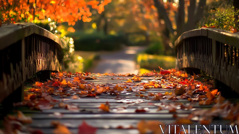 Low-angle view of wooden footbridge with autumn leaf carpet at dusk