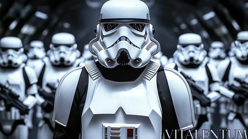 Helmeted legion stands in chrome corridors of command.