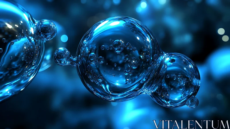 Glistening blue liquid spheres in luminous abstract space.