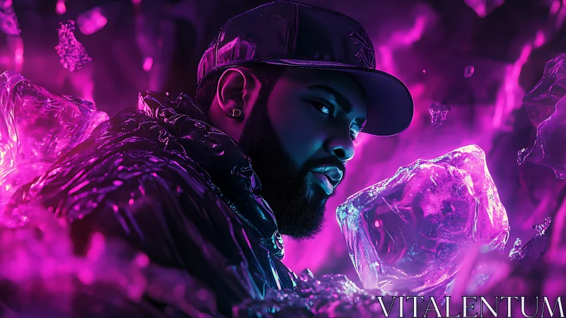 Neon-lit bearded portrait renders glossy ice shards in magenta glow