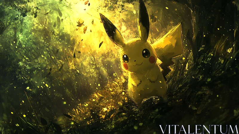 Backlit Pikachu in luminous forest clearing with particle glow