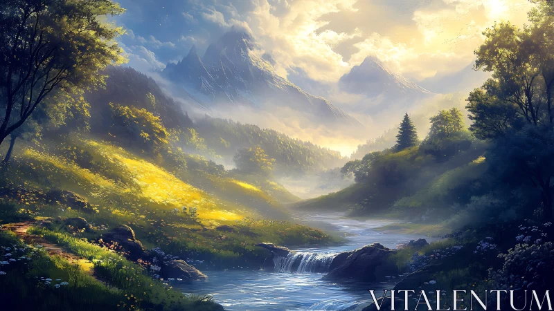 Sunlit alpine river valley under luminous mountain skies.