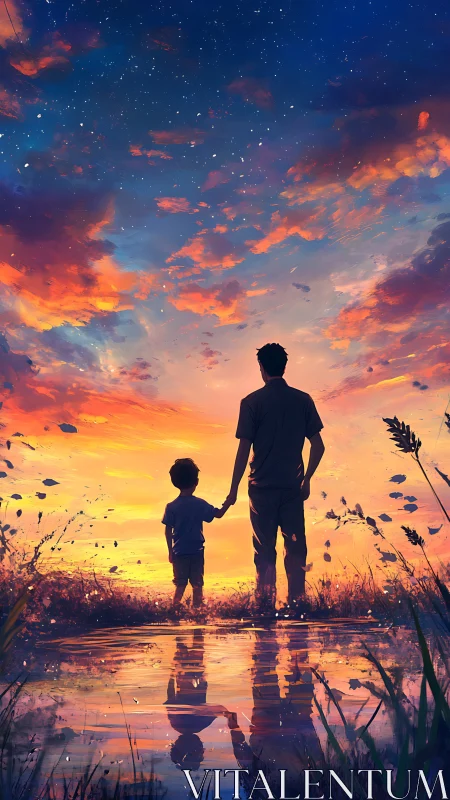 Father and child at sunset by reflective water.