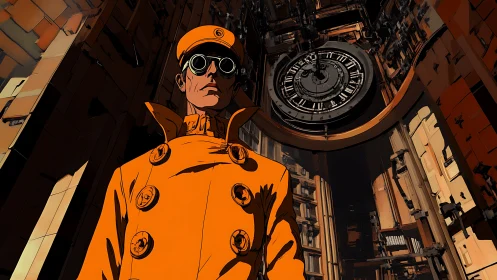 Timewarden in orange coat under towering clockwork vault