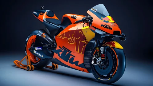 KTM Red Bull racing motorcycle in studio side-front view.