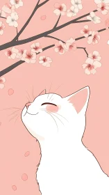 White cat gazing upward at cherry blossom branches