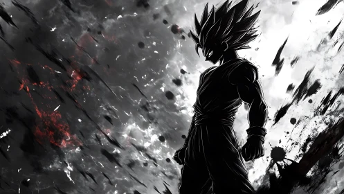 Silhouetted anime warrior stands against explosive monochrome sky