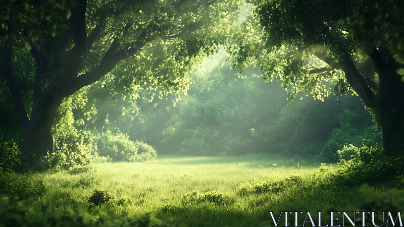 Sunlit Forest Meadow: Nature's Peaceful Sanctuary.