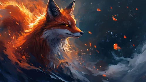 Fiery fox silhouette against dark swirling background.