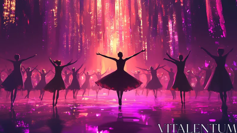 Silhouetted ballerinas perform under cascading neon light veils