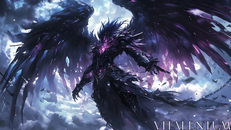 Armored void angel emerges in stormlit sky with fracturing wings