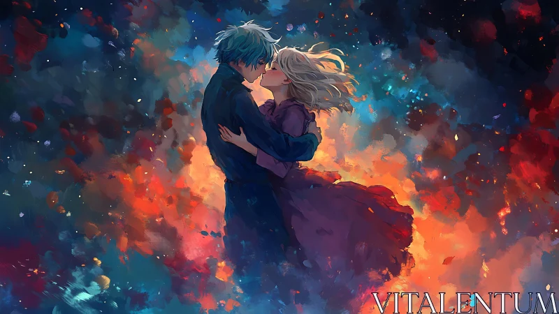 Two figures stand embracing within a diffuse, multicolor field