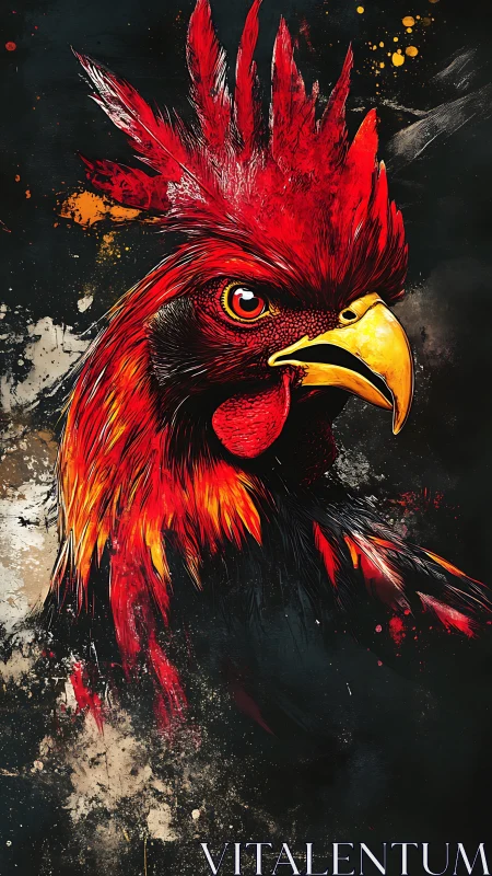High-contrast digital rooster portrait with splatter textures