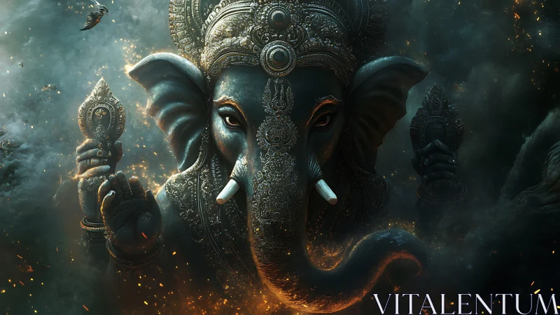 Ornate elephant-headed deity figure in dark smoky setting.