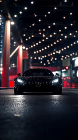 Midnight city drive with a sleek black sports car glow.