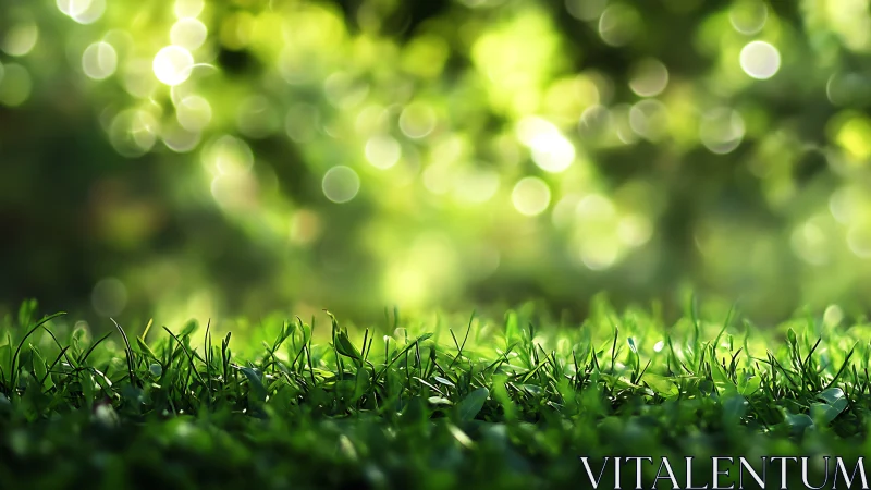 Sunlit grass blades whisper under dreamy green bokeh glow.