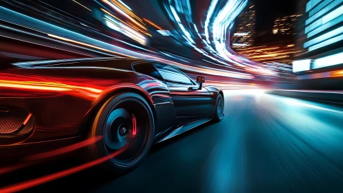 Sleek supercar cuts through neon city lights at high speed