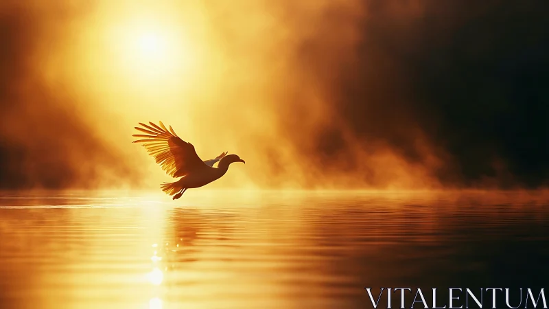 Solitary bird glides through golden sunrise mist over water