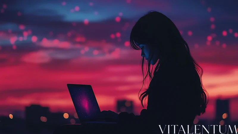 Midnight coder weaving galaxies on a rooftop laptop glow.