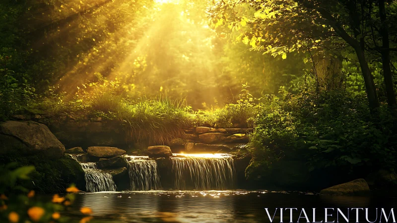 Tranquil Sunlit Forest Waterfall Scene in Lush Greenery.