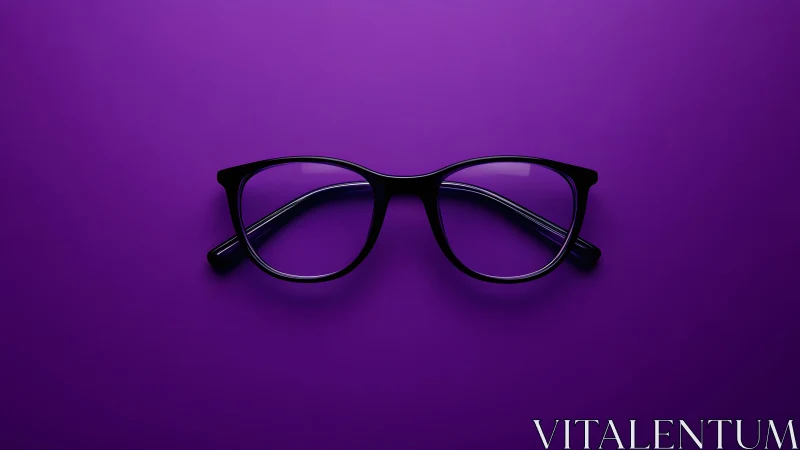 Black eyeglasses on vibrant purple background, minimalistic style.