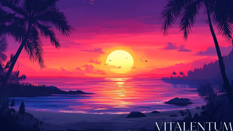 Tropical coastline at sunset with silhouetted palm trees.