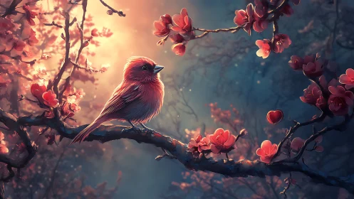 Red songbird on flowering branch in soft glowing light.