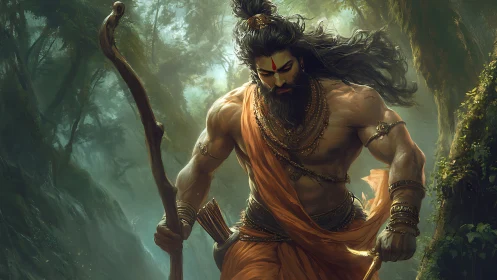 Warrior sage strides through misty forest with steady grace