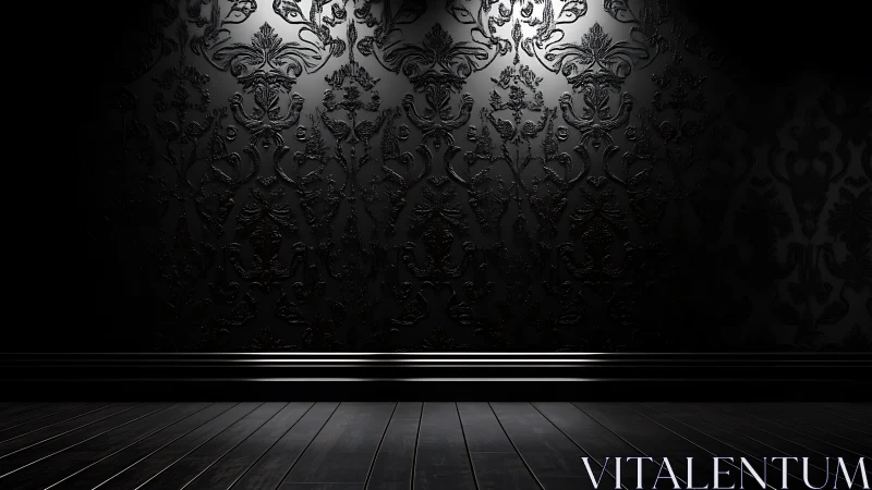Dark interior wall shows embossed damask pattern under light