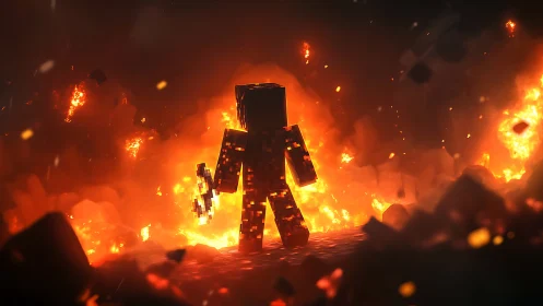 Minecraft Hero Standing Tall in Blazing Inferno.