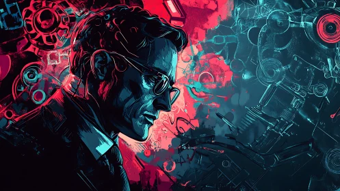 Cybernetic engineer in neon duotone against mechanical schematics