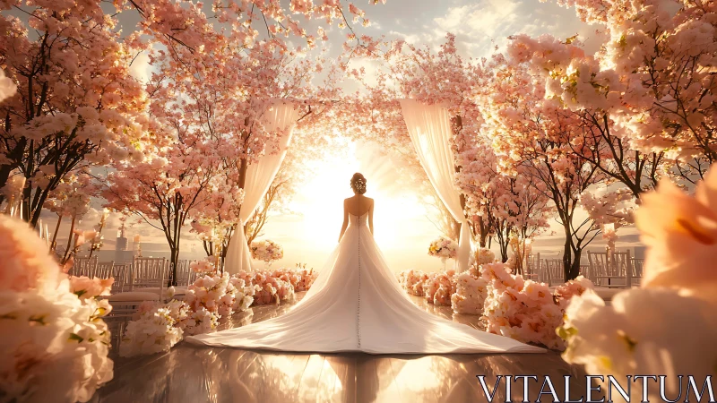 Radiant bride embraced by cherry blossoms at golden sunset.
