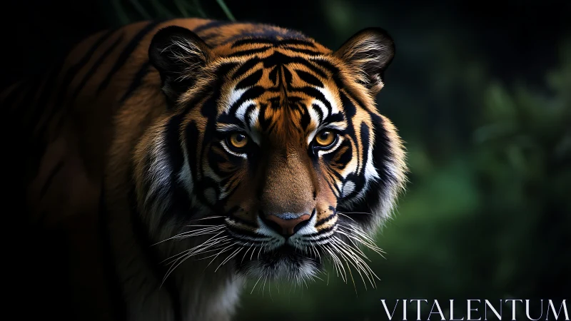 Tiger portrait in low light with focused forward gaze.