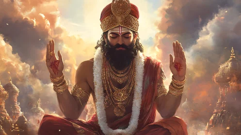 Regal sage in radiant meditation amid divine cloud temples.