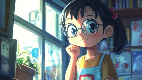 Sunlit bookstore daydream with bright eyed anime girl.