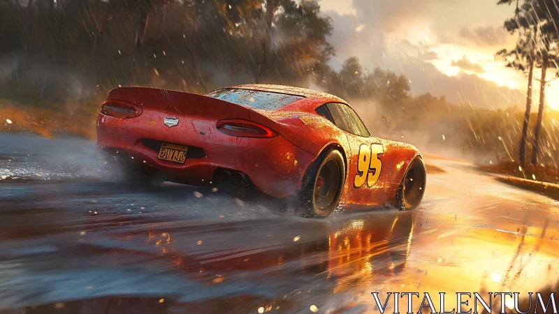 Red race car drifting through wet road in heavy rain.